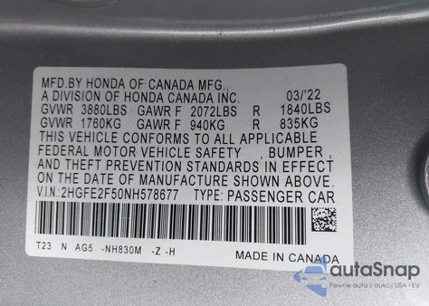 2022 Honda Civic Sport z USA, uszkodzony, nr VIN 2HGFE2F50NH578677